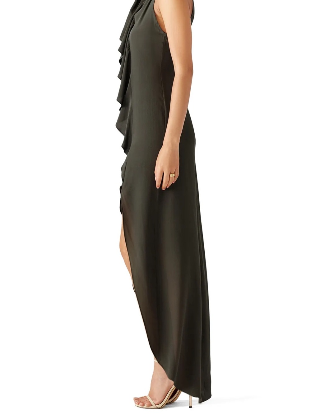 Reformation Olive Green Ruffle High-Slit Maxi Dress - Picture 4 of 8